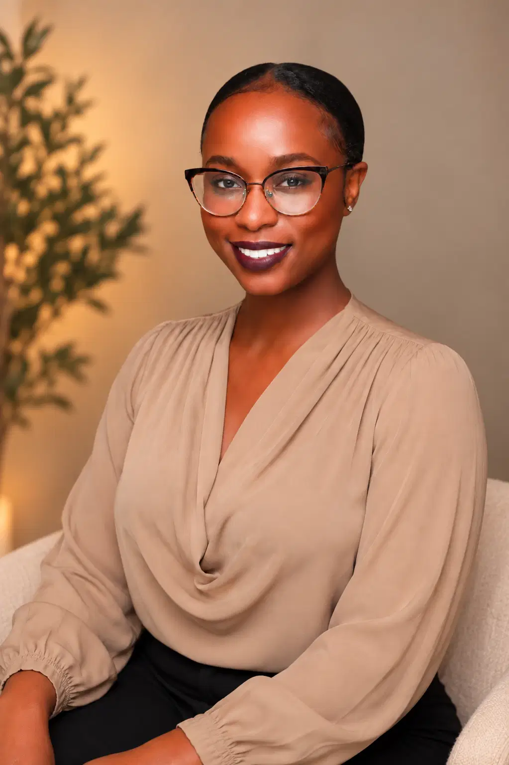 Faith Williams, Licensed Professional Counselor (LPC) in Virginia, seated in a warmly lit room